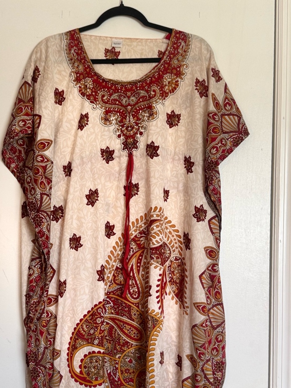 Bohemian Paisley & Leaf Print Maxi Kaftan | Red & Gold Lounge Dress - Medium
